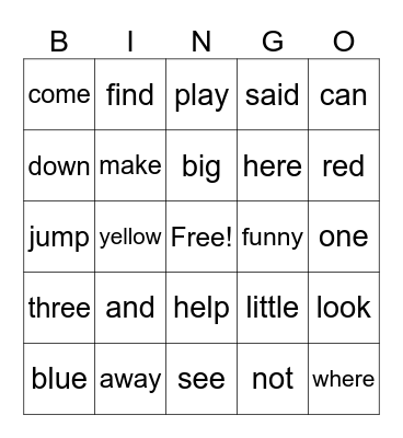 Dolch Sight Words PK Bingo Card