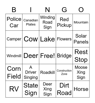 Family Road Trip Bingo Card