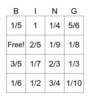 Reduced Fraction Bingo Card