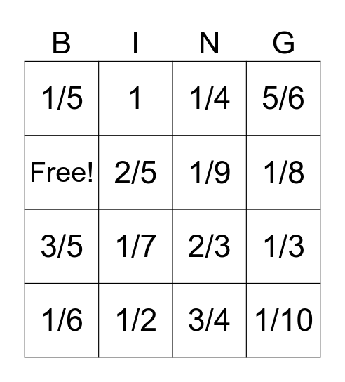 Reduced Fraction Bingo Card