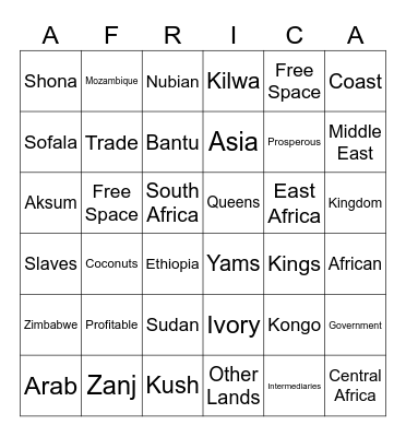 Kingdoms of East and South Africa Bingo Card