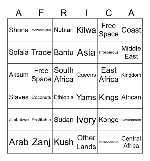 Kingdoms of East and South Africa Bingo Card