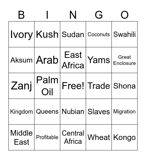 Kingdoms of East and South Africa Bingo Card