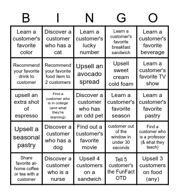 Starbucks Customer Connection Bingo Card
