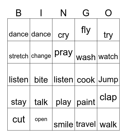 Past Simple Regular Verbs Bingo Card