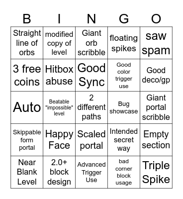 Recent Level Bingo Card
