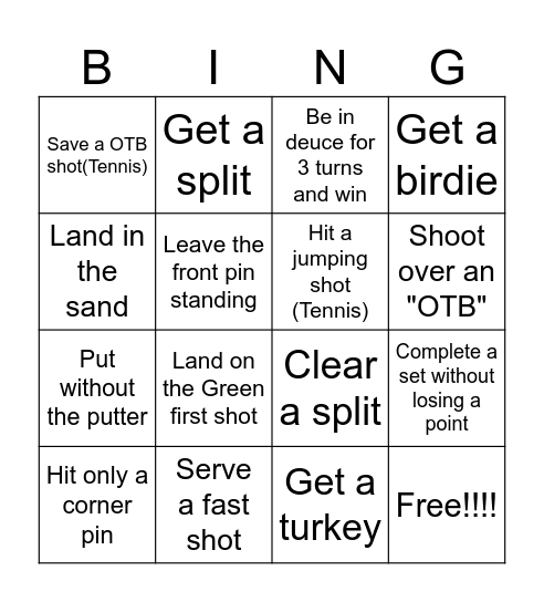 Wii Sports Bingo Card