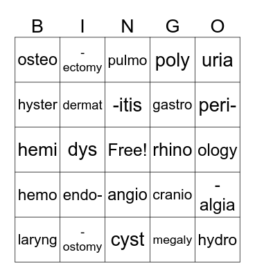 Medical Terminology Bingo Card