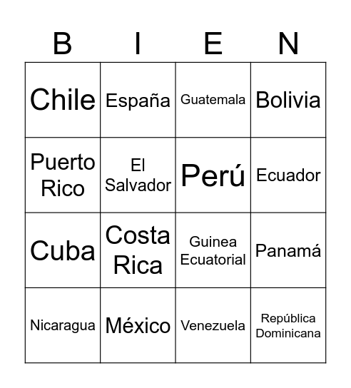21 países de habla hispana Bingo Card