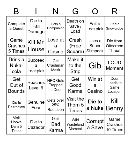 New Vegas Randomizer Bingor Bingo Card