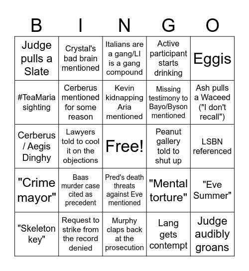 Crystal Kidnapping Appeal Bingo Card