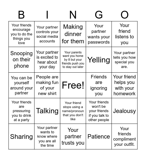 Healthy vs Unhealthy Bingo Card