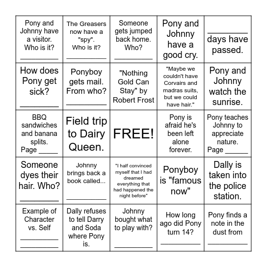 The Outsiders Chapter 5 BINGO Card