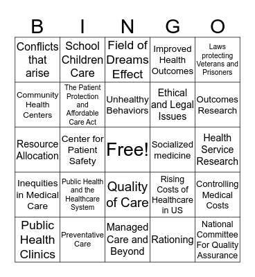 Public Health and the Healthcare System Bingo Card