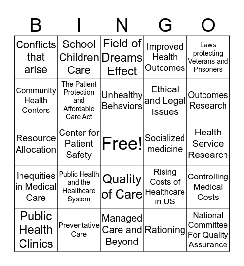 Public Health and the Healthcare System Bingo Card