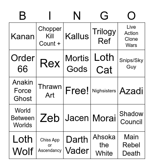 Ahsoka Bingo Card