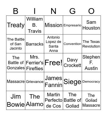 The Texas Revolution Bingo Card