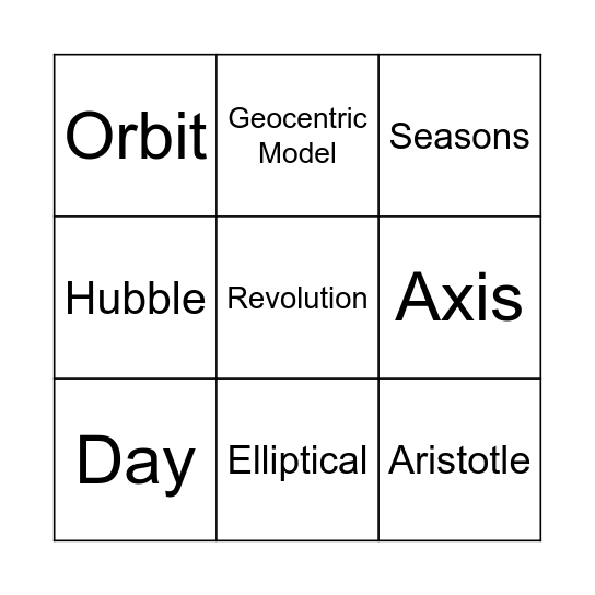 Year 7 Earth in Space Bingo Card