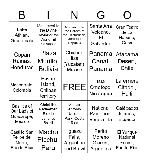 Landmarks in Latin America Bingo Card
