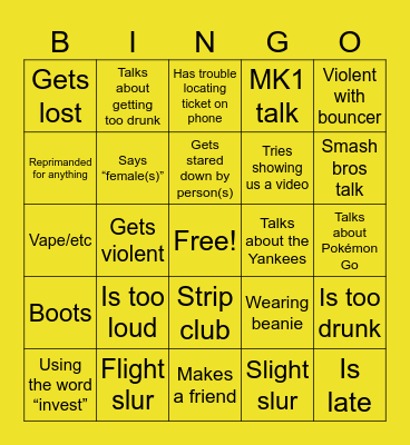 Fay’s Trip Bingo Card