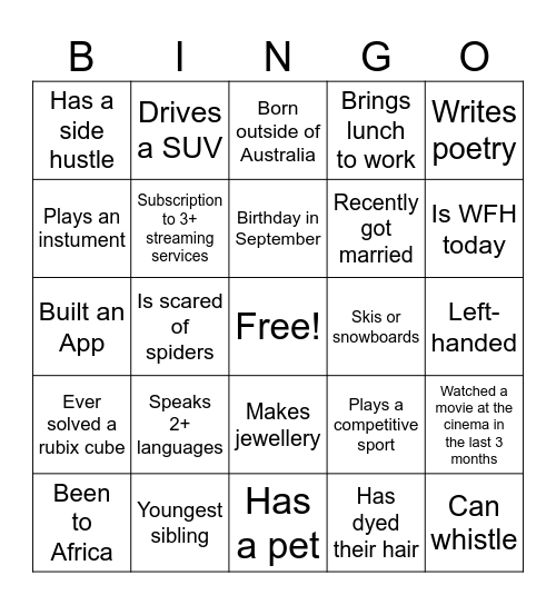 Social Committee Bingo Card