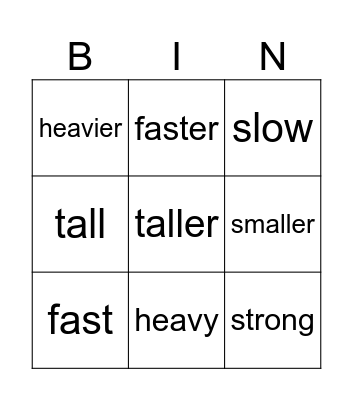 Lesson 9: I'm stronger than you Bingo Card