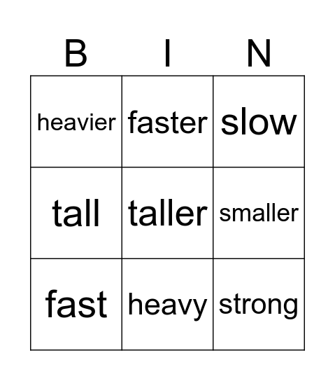 Lesson 9: I'm stronger than you Bingo Card