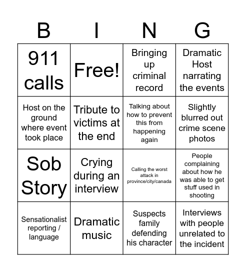True Crime Bingo Card