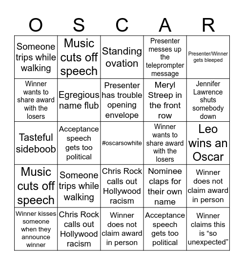 2016 ACADEMY AWARDS Bingo Card