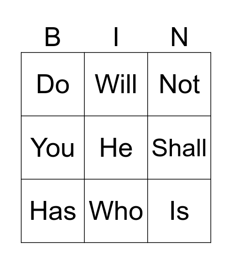 Contractions Bingo Card