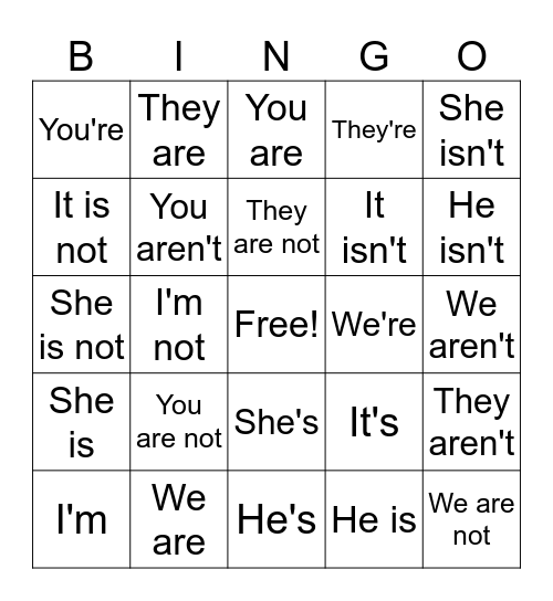 Verb to be: Short forms Bingo Card