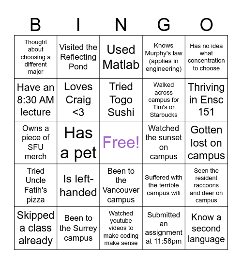 WiE SFU Compass on Campus 2023 Bingo Card