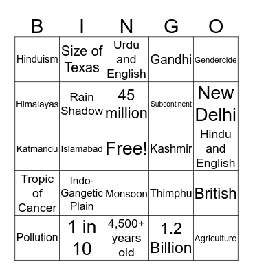 South Asia Bingo Card