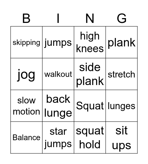 PE bingo Card