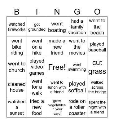 What Did You Do This Summer Bingo Card