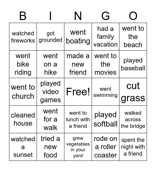 What Did You Do This Summer Bingo Card