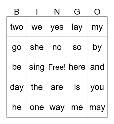 Sight Words Bingo Card