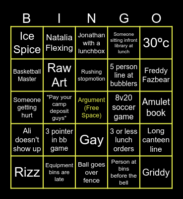 School Bingo Card