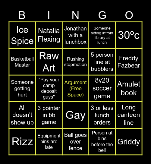 School Bingo Card