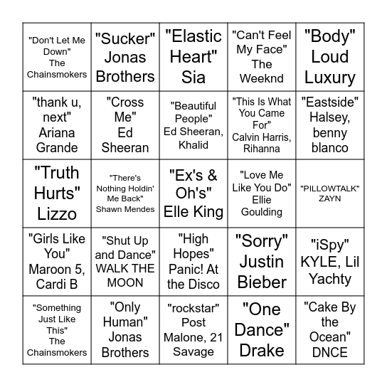 Top 40 Hits Music Bingo Card