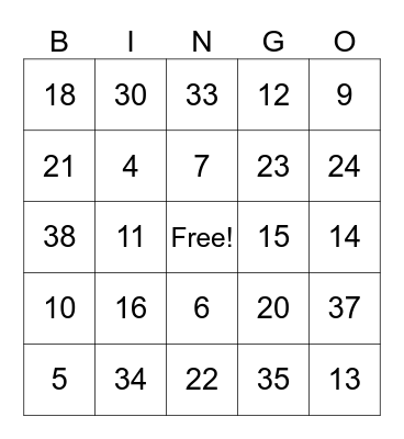 Number Bingo Card