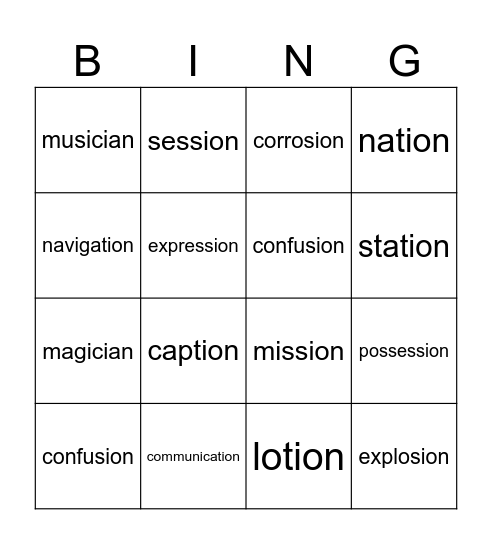 -tion & -sion Words Bingo Card