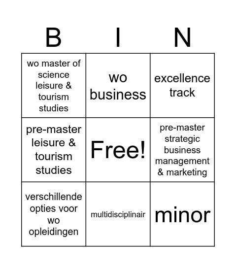 4e jaars bingo Card