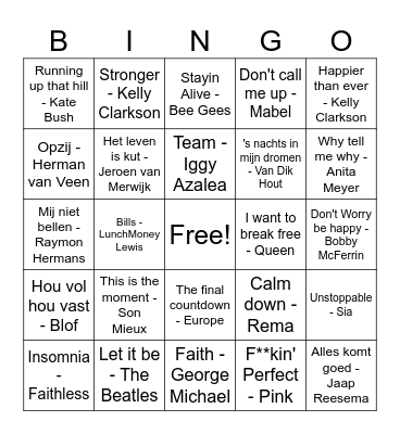 Muziek bingo DHA Bingo Card