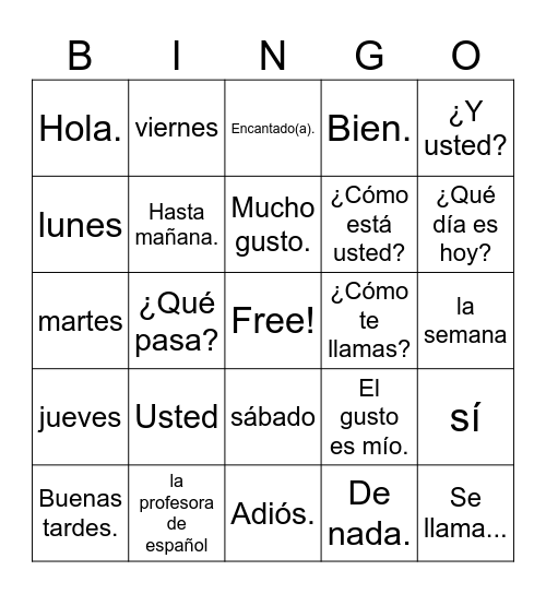 Preliminary Vocab. Bingo Card
