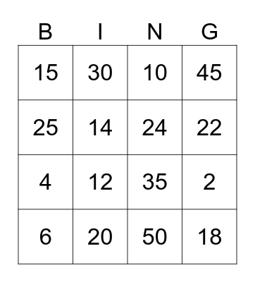Multiplication Bingo Card