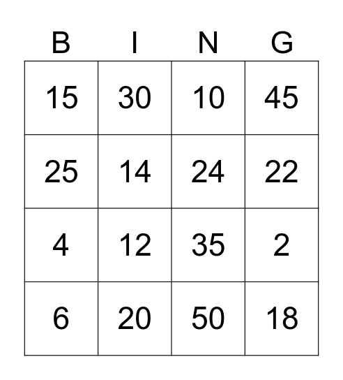 Multiplication Bingo Card