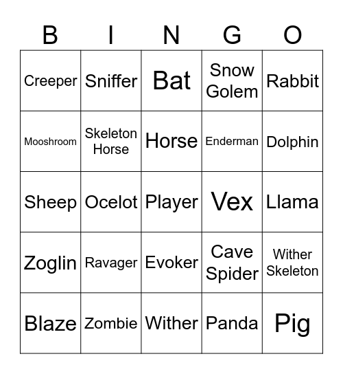 Minecraft Mob Bingo Card