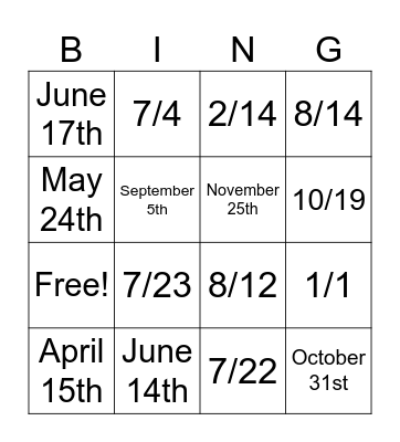 Dates #1 Bingo Card