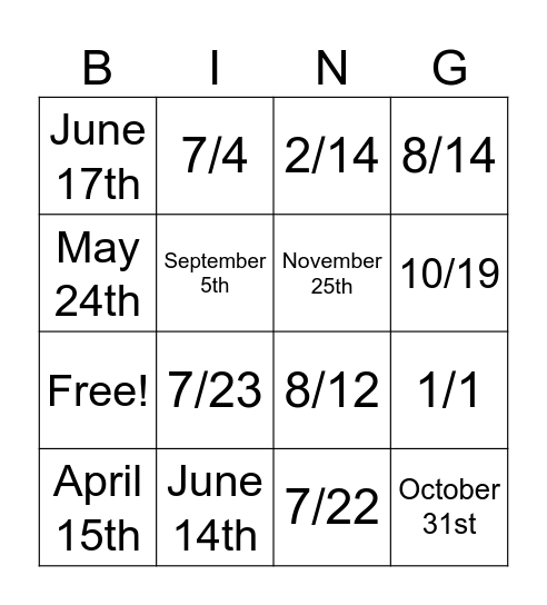 Dates #1 Bingo Card